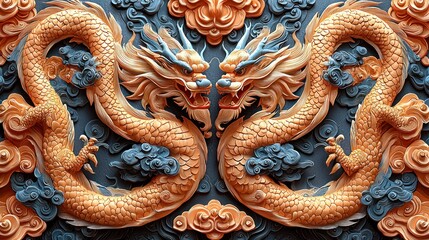 Fototapeta premium Two facing dragons, bas-relief, ornate clouds