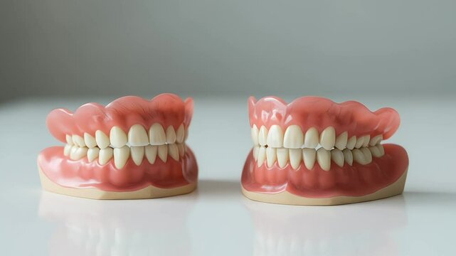Set of dentures on a white surface for dental care concepts