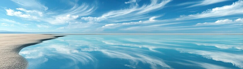 Obraz premium Soothing colors with positivity and focus through wellness concept. Tranquil reflection of clouds on clear blue water surface.