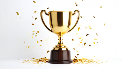 A shiny gold trophy sits on a pedestal, surrounded by scattered confetti, symbolizing achievement and celebration