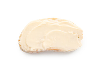Piece of bread with butter isolated on white, top view