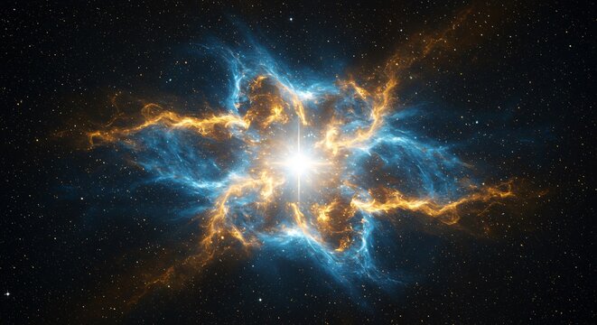 Spectacular cosmic burst of energy with golden and blue nebula in the vast expanse of space