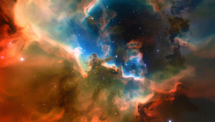 Fototapeta premium A vibrant cosmic nebula filled with swirling colors of blue, orange, and green, set against a backdrop of countless stars