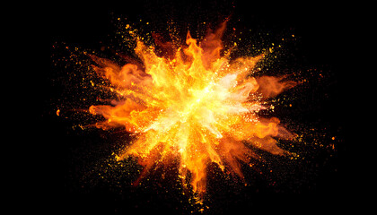 Vibrant explosion of color and light, showcasing dynamic orange and yellow hues against a black background, creating a striking visual impact