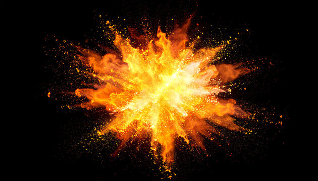 Vibrant explosion of color and light, showcasing dynamic orange and yellow hues against a black background, creating a striking visual impact