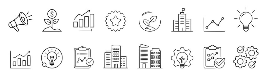 Obraz premium Set of minimalistic business and finance icons representing growth and innovation for web design