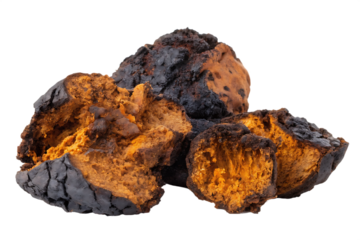 Close up of Chaga Mushroom Pieces showing Burnt Exterior and Orange Interior