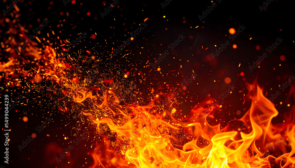 Poster vibrant flames dance against a dark background, sending sparks flying, creating an intense and dynam