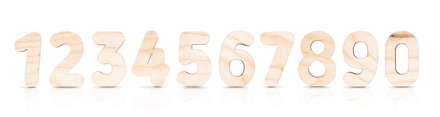 1, 2 , 3, 4, 5 , 6 , 7 , 8, 9, 0 - wooden numbers isolated on white background