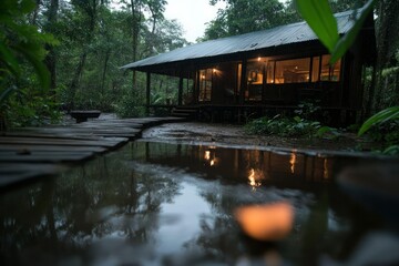 Fototapeta premium Rainy Cabin In Lush Green Forest With Reflections On Wooden Pathway