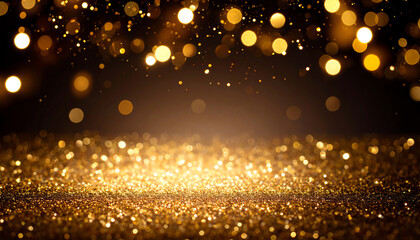 A shimmering background of golden sparkles and bokeh lights creates a festive and glamorous atmosphere, perfect for celebrations and special occasions