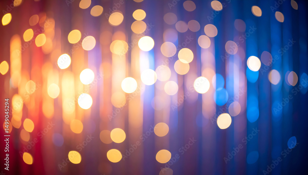 Poster a vibrant, abstract background featuring soft bokeh lights in warm and cool tones, creating a festiv