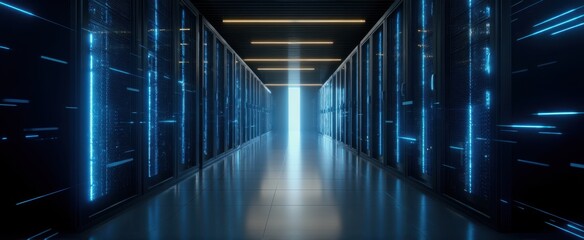 The futuristic hallway leading to a data center with glowing blue servers.