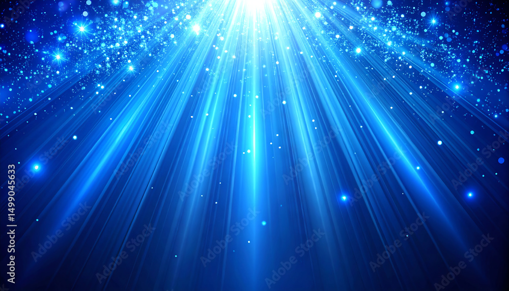 Poster vibrant blue beams of light radiate from a central source, surrounded by shimmering particles, creat