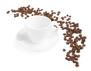 Ceramic cup with roasted coffee beans isolated on white