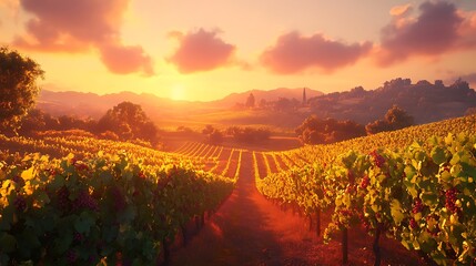 Naklejka premium A serene vineyard landscape at sunset, showcasing rows of grapevines and rolling hills.