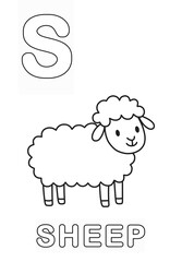 Alphabet Coloring Page for Kids. Children's Coloring Activity sheet. Cute Sheep Illustration to Color.	