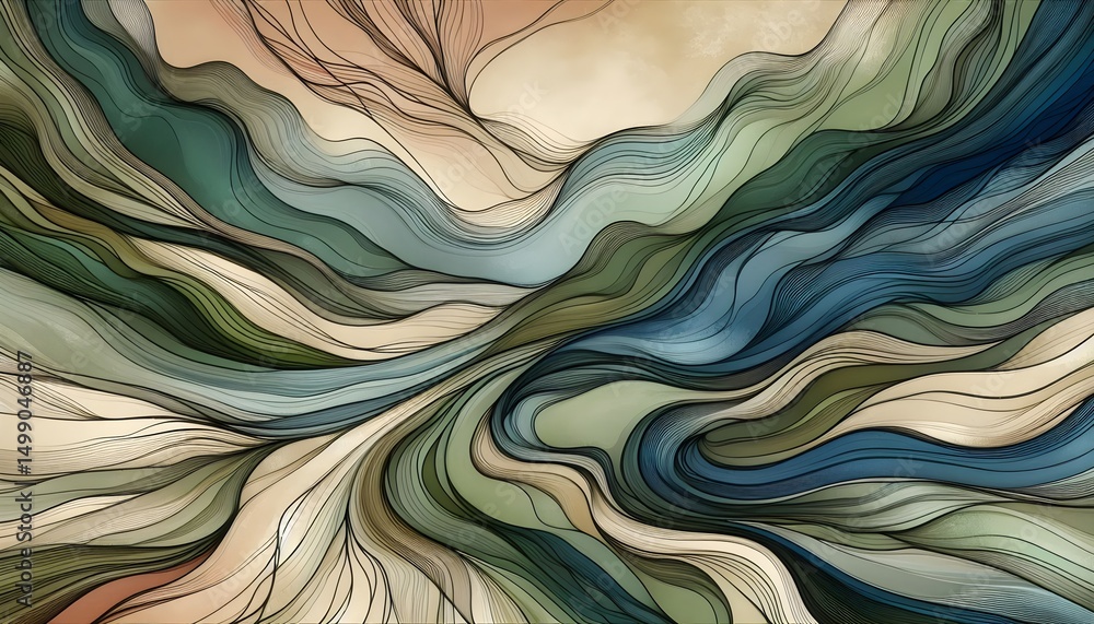 Poster abstract flowing lines in earthy green and blue tones resembling tree branches and river currents wi