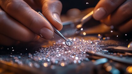 Obraz premium A close-up of a jeweler’s hands delicately placing tiny gemstones into a silver necklace setting, surrounded by precision tools and soft studio lighting. Created Using: macro photography style,