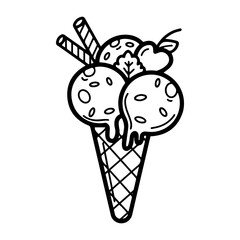 Line art illustration of a delicious ice cream cone. Scoops overflow with chocolate chips, a cherry, and a wafer. Symbolizes summer, treats, desserts, and indulgence. Perfect for food and culinary