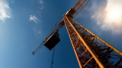 Construction Crane Reaching Upwards Against Blue Sky with Bright Sun and Fluffy Clouds