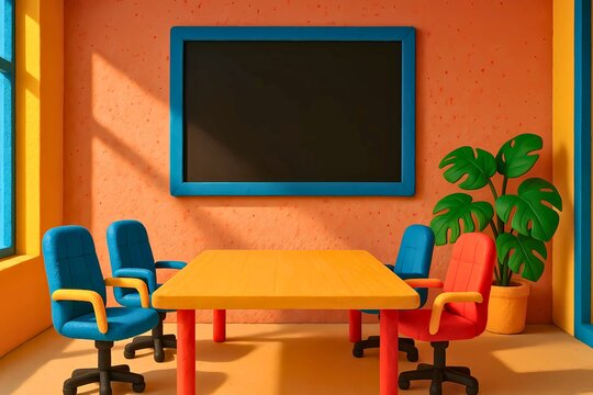 Vibrant claymation classroom or meeting room with blank chalkboard and colorful furniture
