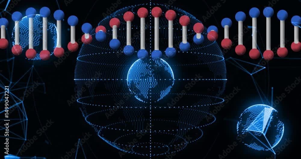 Aufkleber upon scene start globe rotating while dna helix scrolling with satellites pulsing to show network