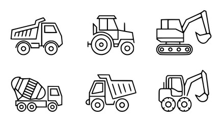 Vector outline illustrations of construction vehicles for engineering and building projects