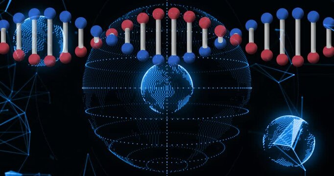Upon scene start globe rotating while DNA helix scrolling with satellites pulsing to show network
