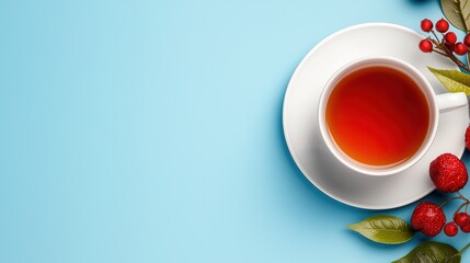 Overhead View of Teacup with Red Berries and Green Leaves on Light