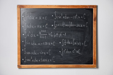 Blackboard with different mathematical formulas on white wall