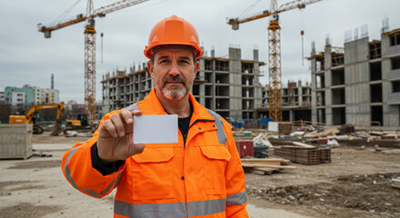 Construction worker with blank id card at construction site