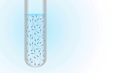 Test tube with spermatozoa. Scientific illustration with semen, spermogram and reproductive health concept. Blue gradient background. copy space.