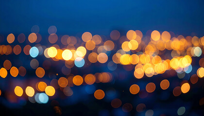 A blurred cityscape at night, showcasing a mesmerizing array of colorful bokeh lights against a deep blue sky