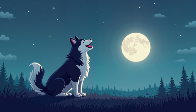 Howling dog under full moon in forest night
