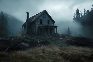 A dilapidated house surrounded by misty forest, evoking a sense of mystery and abandonment.