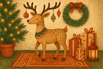 Fototapeta premium A joyful holiday illustration featuring a cute reindeer standing on a red patterned rug, surrounded by wrapped presents, a glowing lantern, and festive decorations. The scene includes a Christmas tree