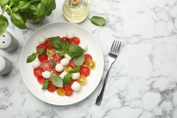 Tasty salad with mozzarella, tomatoes and basil served on white marble table, flat lay