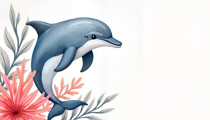 Fototapeta premium Dolphin swimming near pink coral flowers 