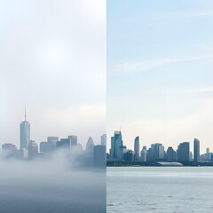 New york city skyline split foggy vs clear day