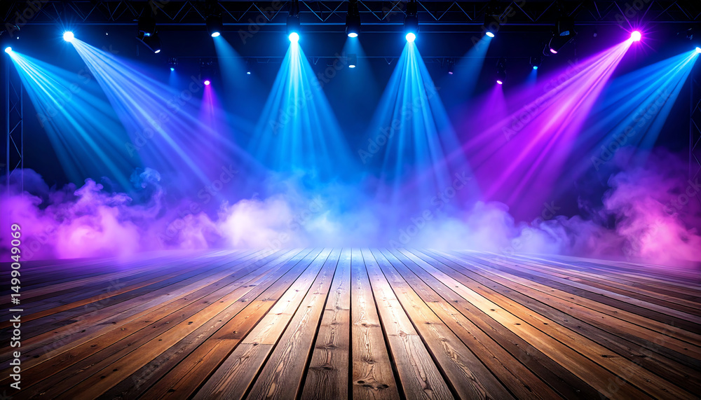Poster a vibrant stage scene with colorful lights and a smoky atmosphere, creating an energetic and dynamic