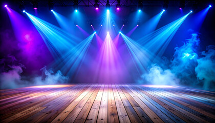 A vibrant stage illuminated by colorful lights and surrounded by smoke, creating an energetic atmosphere for performances