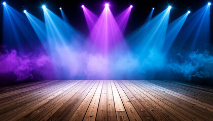 A vibrant stage with colorful lights and smoke creates a dynamic atmosphere, perfect for performances and events