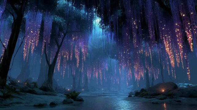 low angle enchanted forest scenery with wisteria flower glowing in dark