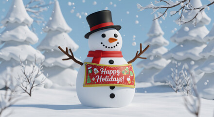 Whimsical Winter Scene: A Festive Snowman Celebrates the Holiday Season Amidst Snow-Covered Trees and Gently Falling Snowflakes