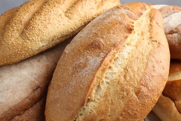 Many bread loaves on grey table, closeup