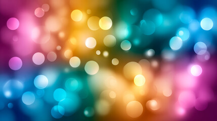 A vibrant and colorful bokeh background with soft, glowing lights in various shades of rainbow colors.