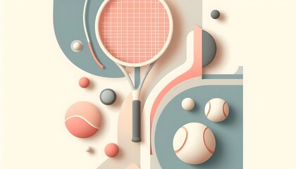 Stylized tennis rackets and balls in flat minimalist design using soft pastel tones and clean calm sporty layout