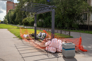 Installation of a new bus stop. High quality photo