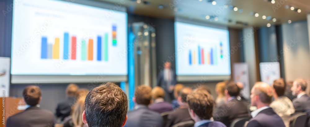 Poster the audience engaged in a business presentation with visual data displays.